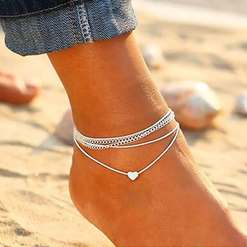 Silver Color Heart Anklets