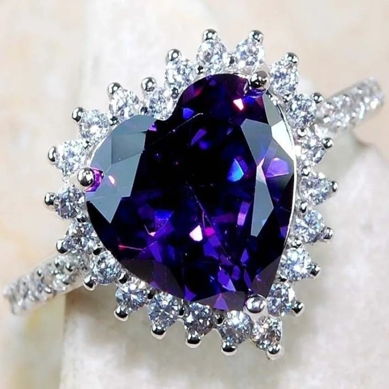 Romantic Heart Purple Crystal Rings