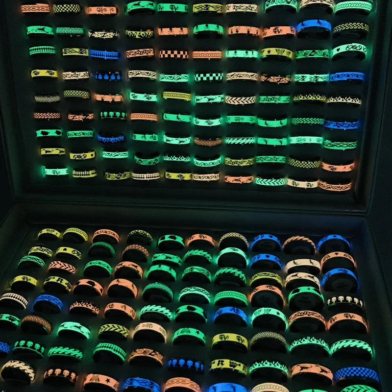 20pcs Luminous Stainless Steel Stickers Rings Fashion Jewelry For Men and Women Glow in The Dark