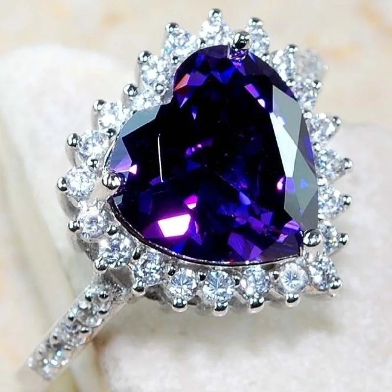 Romantic Heart Purple Crystal Rings